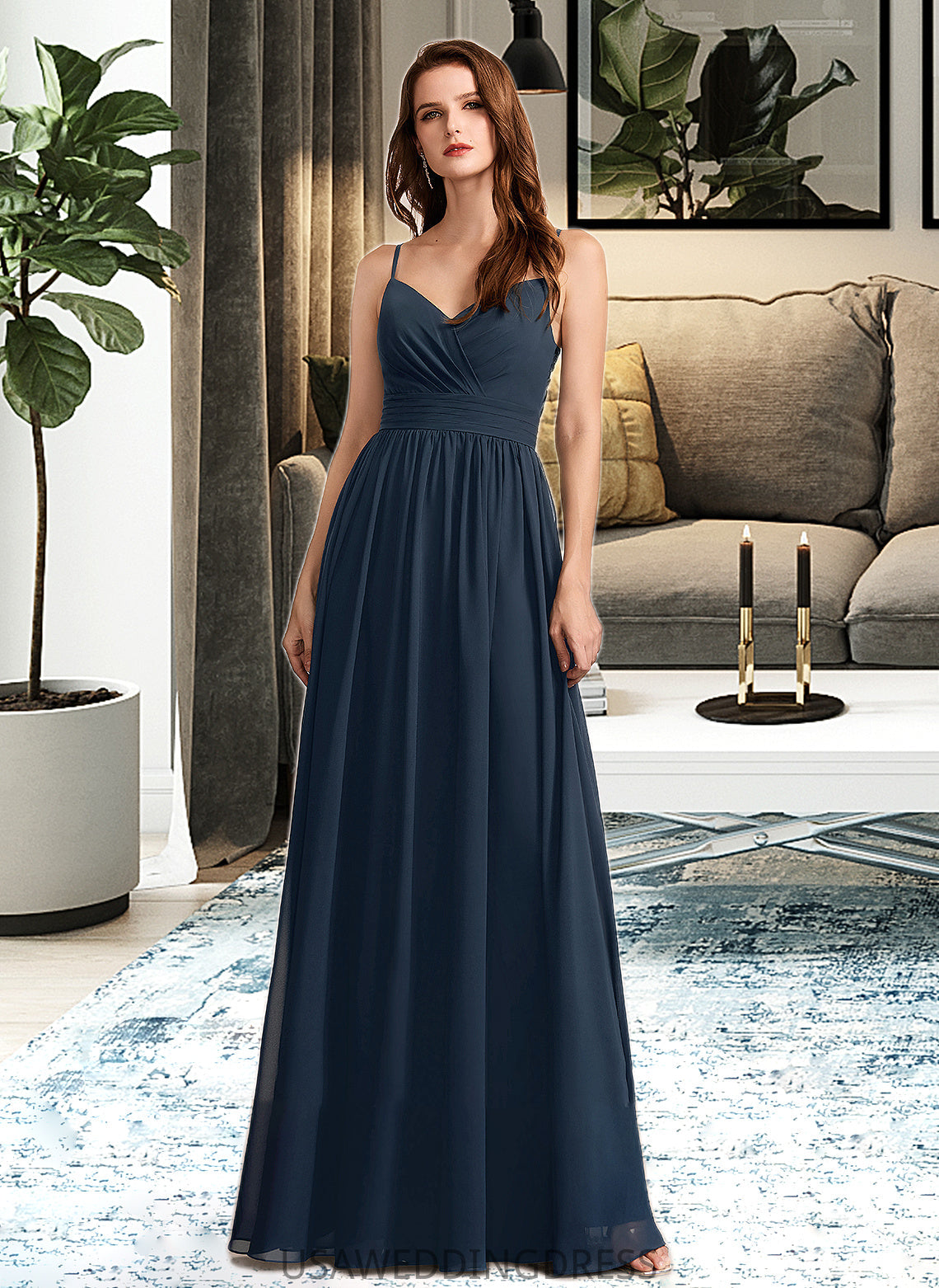 Maya A-Line V-neck Floor-Length Bridesmaid Dress With Lace DSP0013127