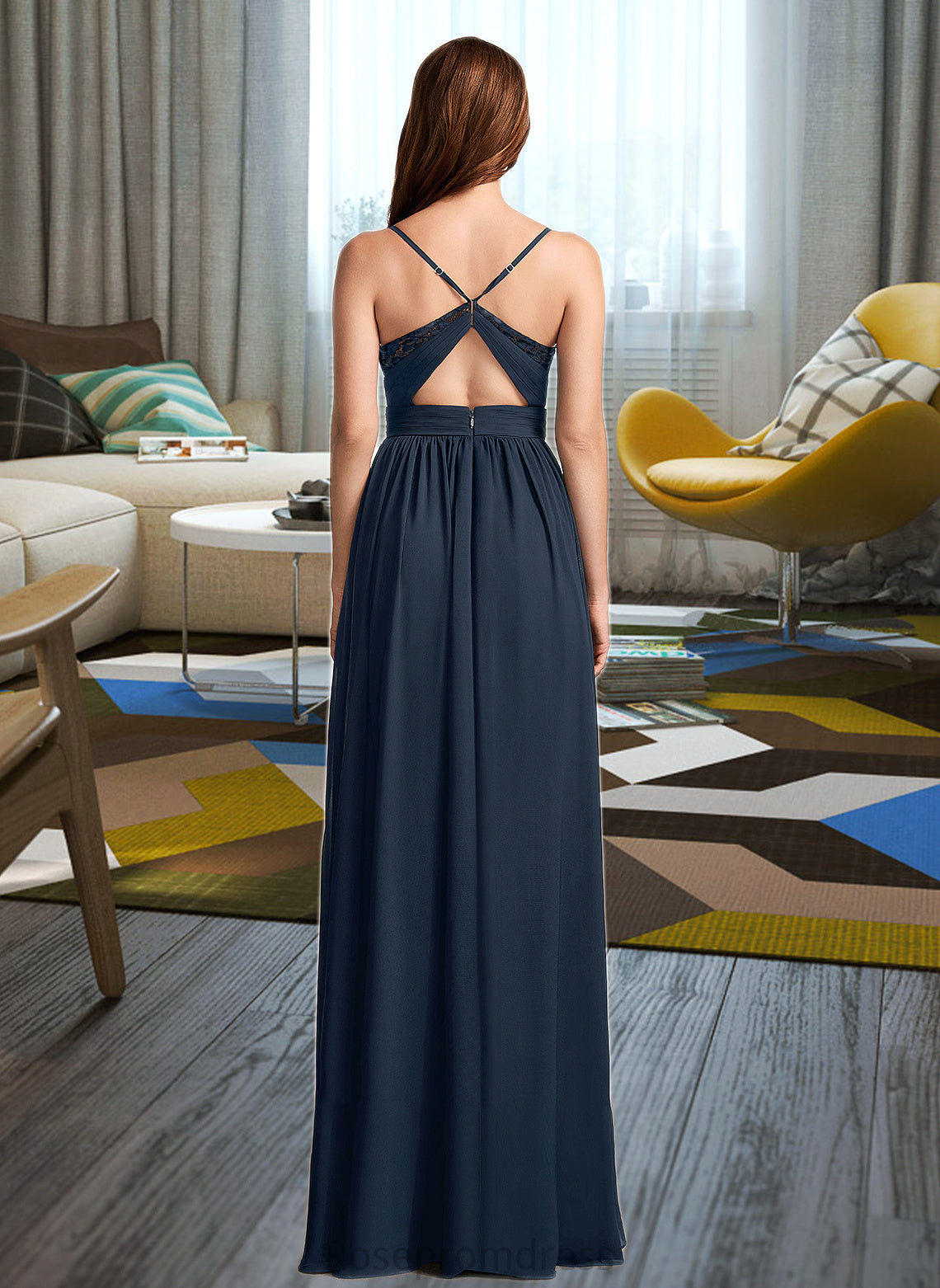 Lucille A-Line V-neck Floor-Length Bridesmaid Dress With Lace SRSP0013127