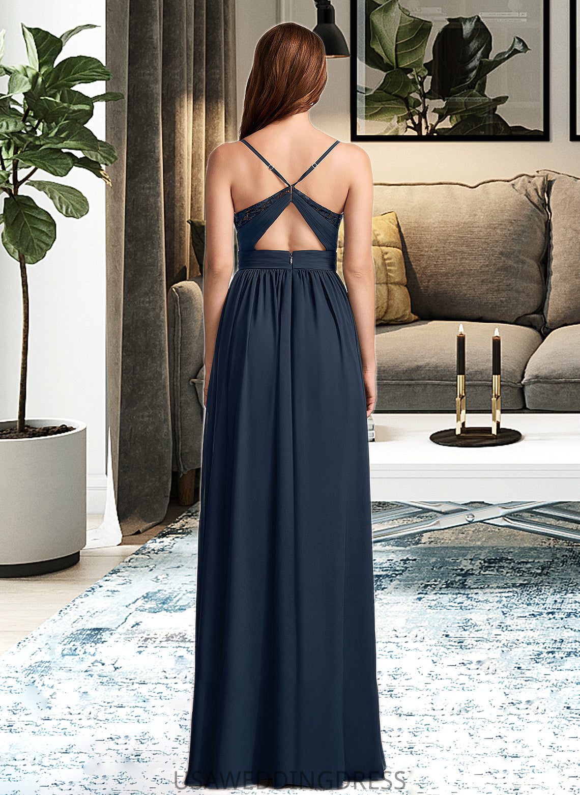 Maya A-Line V-neck Floor-Length Bridesmaid Dress With Lace DSP0013127