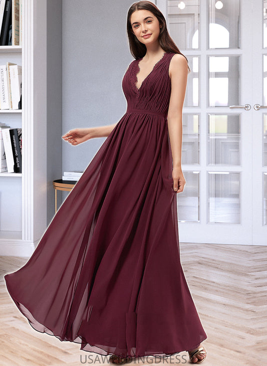 Chelsea A-Line V-neck Floor-Length Chiffon Bridesmaid Dress With Ruffle Lace DSP0013129
