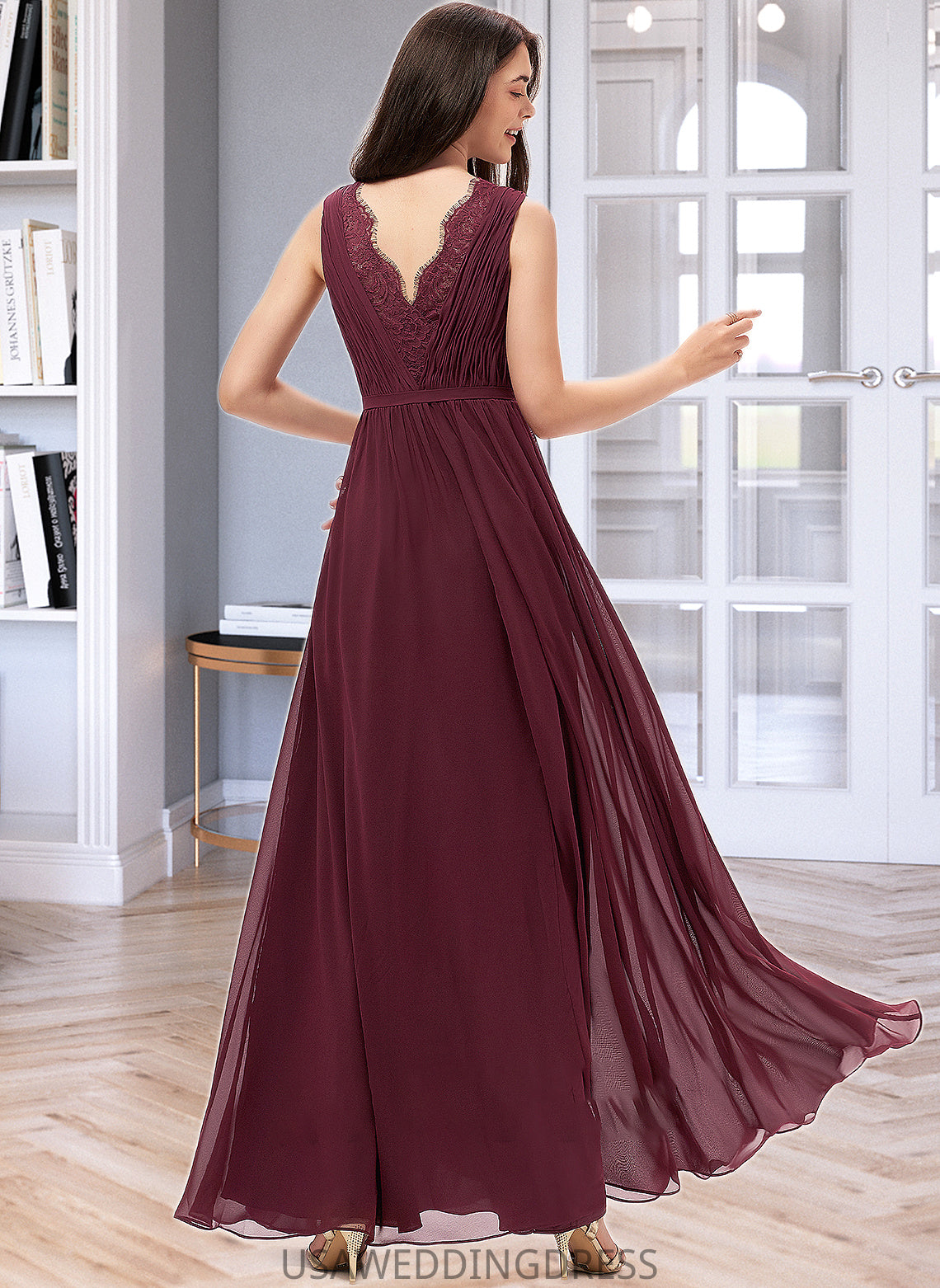 Chelsea A-Line V-neck Floor-Length Chiffon Bridesmaid Dress With Ruffle Lace DSP0013129