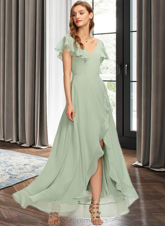 Molly A-Line V-neck Asymmetrical Chiffon Bridesmaid Dress With Cascading Ruffles SRSP0013130