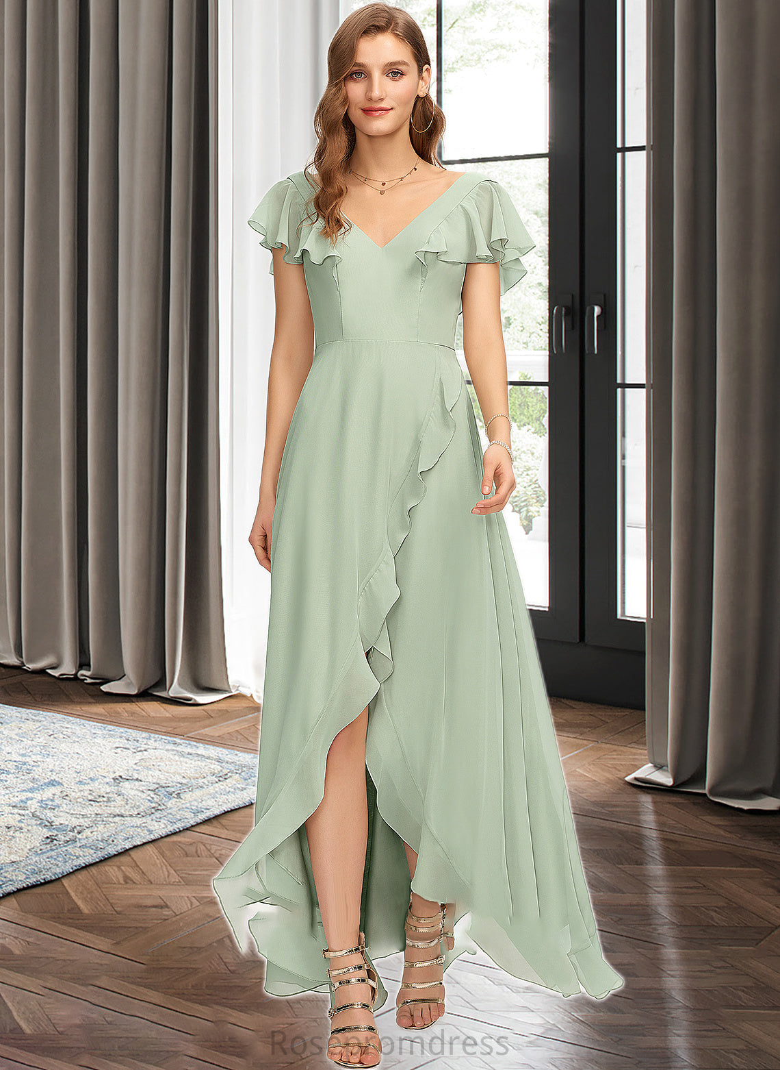 Molly A-Line V-neck Asymmetrical Chiffon Bridesmaid Dress With Cascading Ruffles SRSP0013130