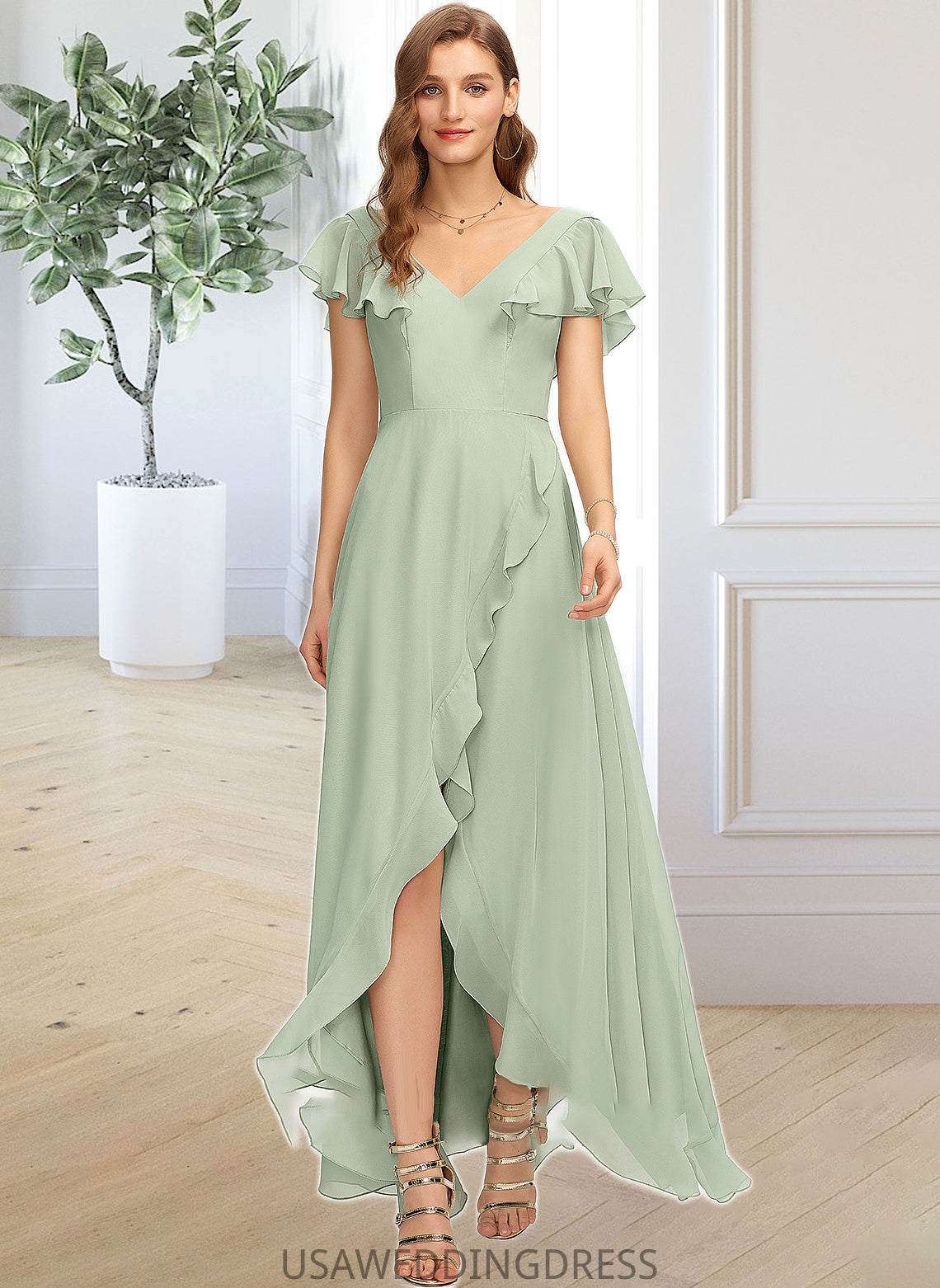 Kaylin A-Line V-neck Asymmetrical Chiffon Bridesmaid Dress With Cascading Ruffles DSP0013130
