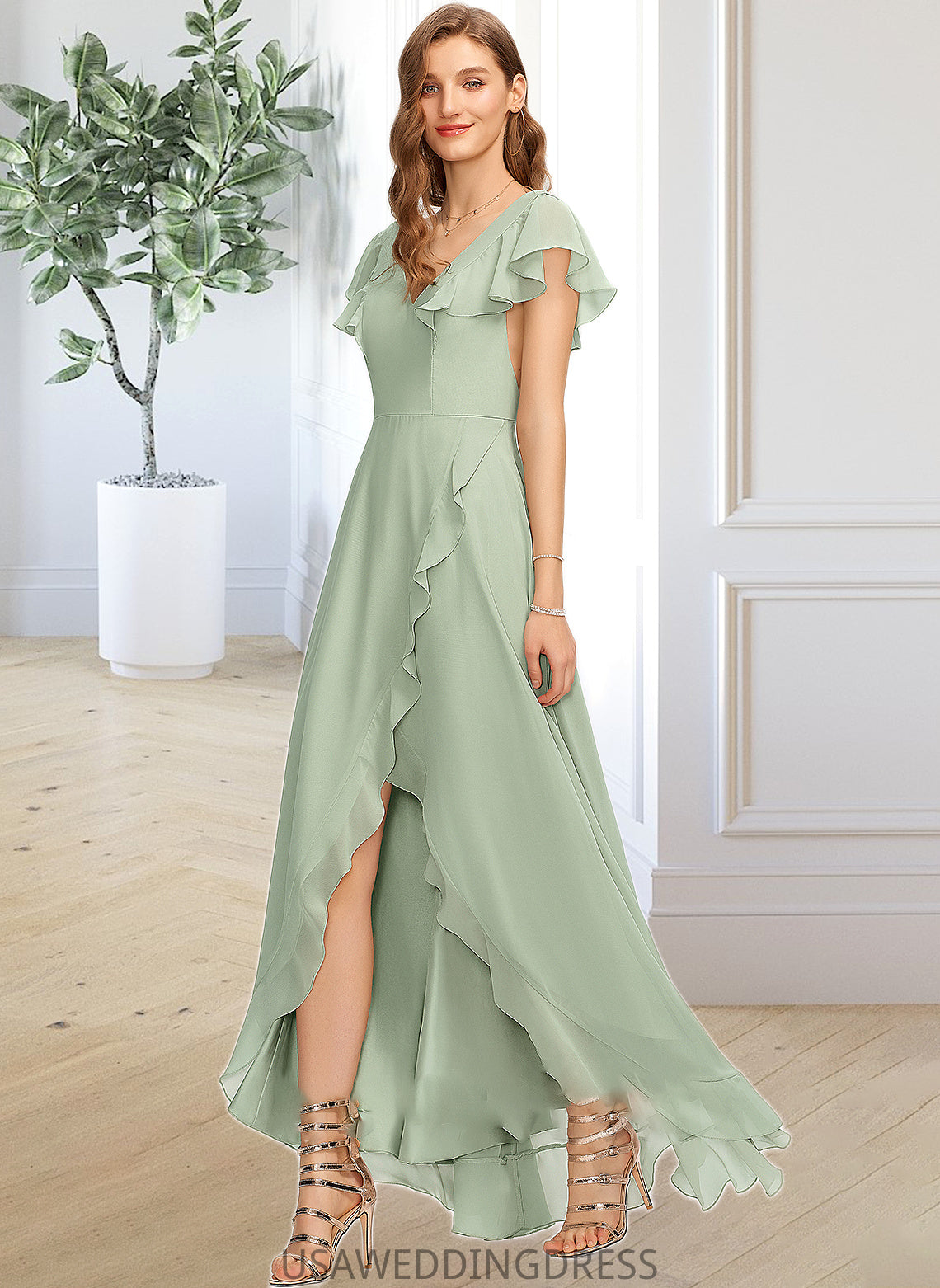 Kaylin A-Line V-neck Asymmetrical Chiffon Bridesmaid Dress With Cascading Ruffles DSP0013130