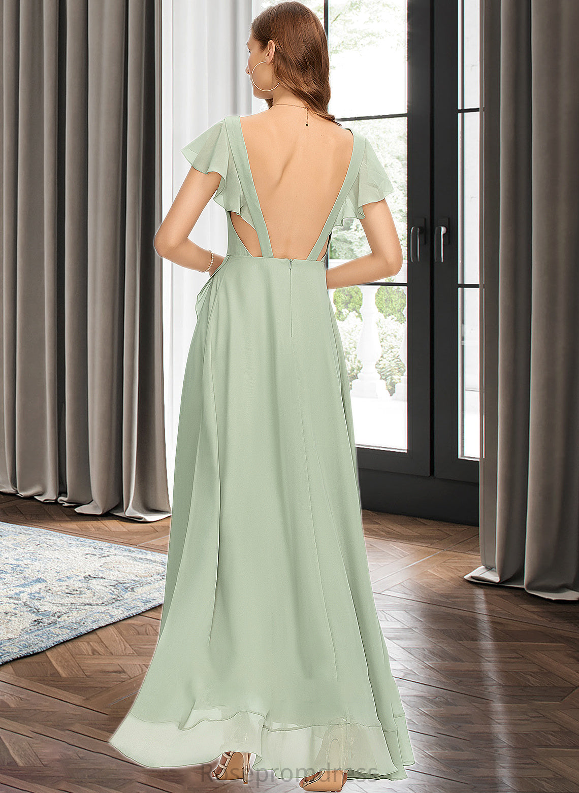 Molly A-Line V-neck Asymmetrical Chiffon Bridesmaid Dress With Cascading Ruffles SRSP0013130