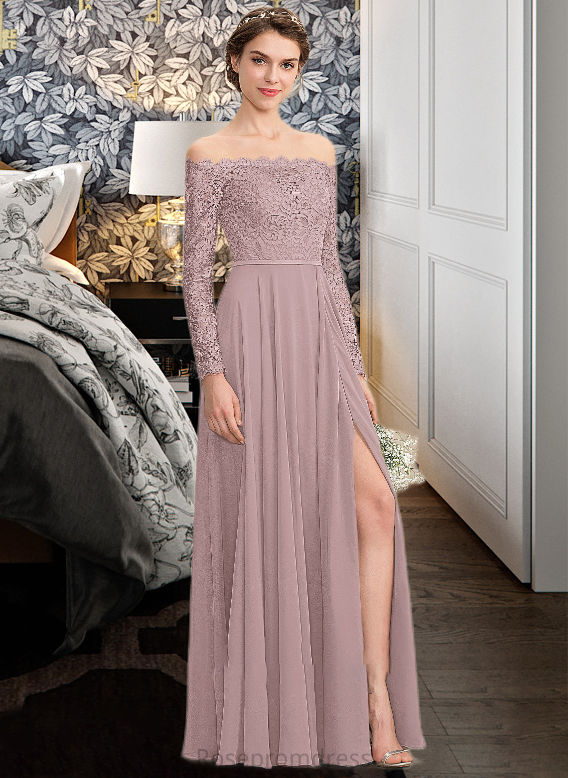 Maddison A-Line Off-the-Shoulder Floor-Length Chiffon Lace Bridesmaid Dress With Split Front SRSP0013131