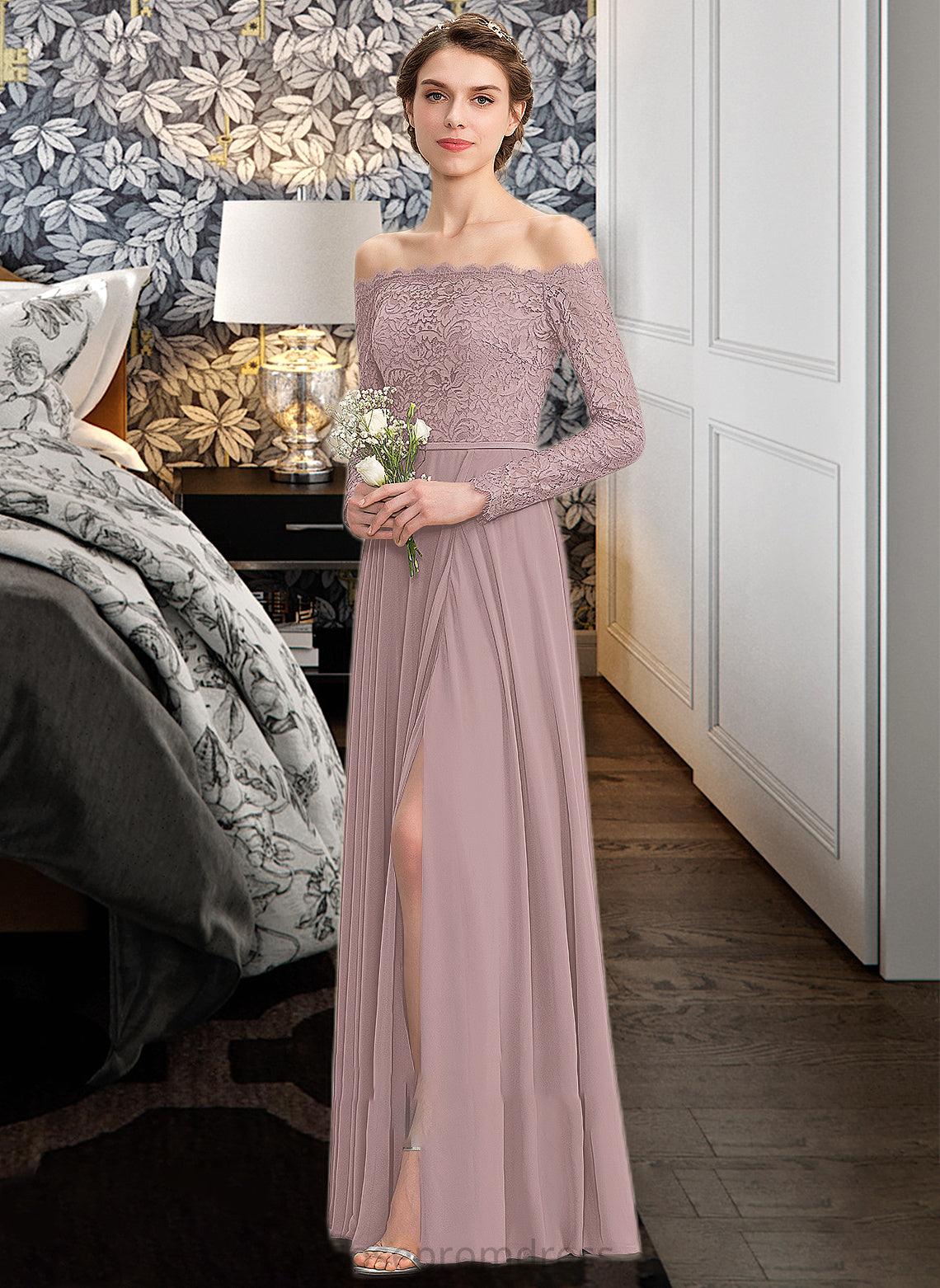 Maddison A-Line Off-the-Shoulder Floor-Length Chiffon Lace Bridesmaid Dress With Split Front SRSP0013131