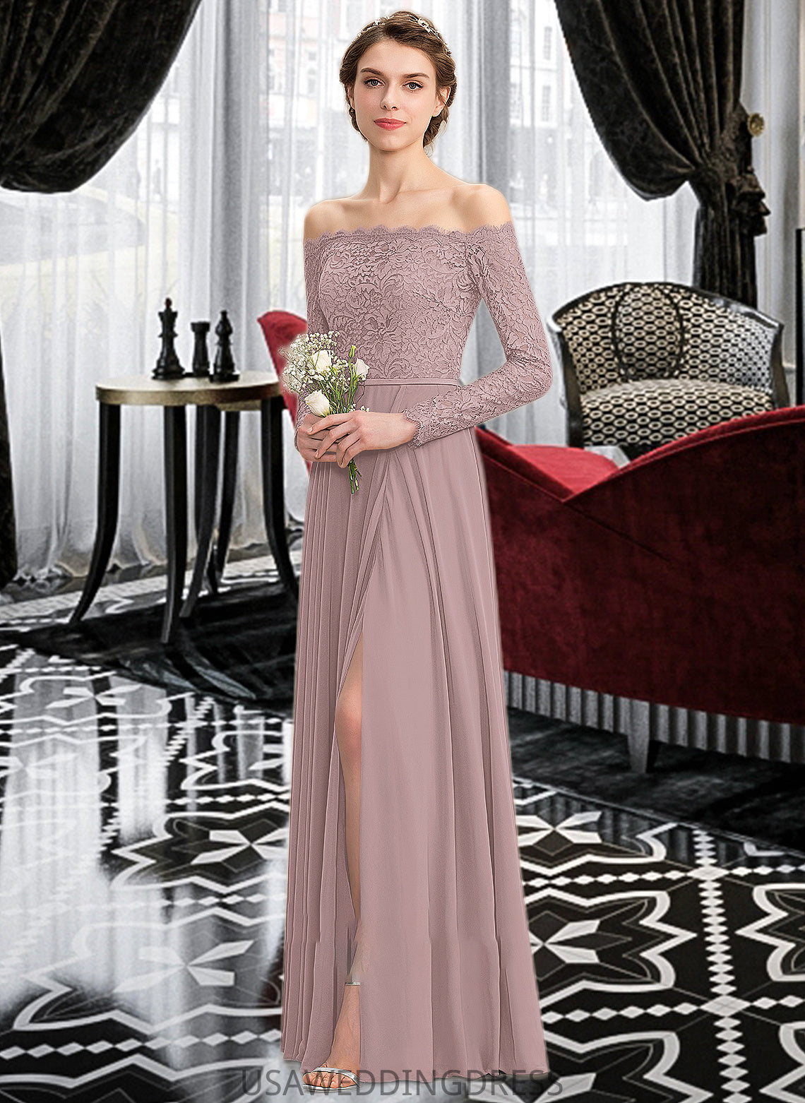 Alexis A-Line Off-the-Shoulder Floor-Length Chiffon Lace Bridesmaid Dress With Split Front DSP0013131