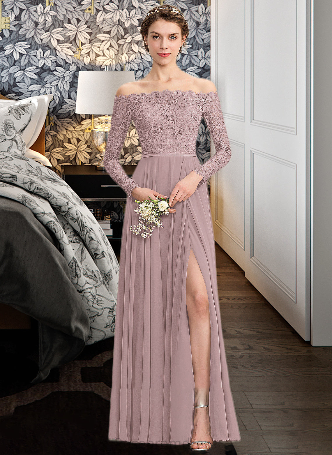 Maddison A-Line Off-the-Shoulder Floor-Length Chiffon Lace Bridesmaid Dress With Split Front SRSP0013131