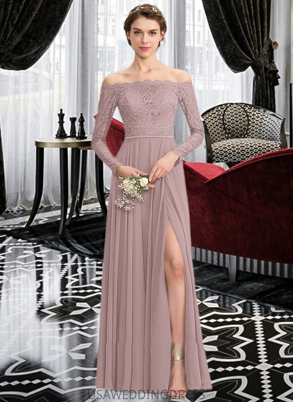 Alexis A-Line Off-the-Shoulder Floor-Length Chiffon Lace Bridesmaid Dress With Split Front DSP0013131