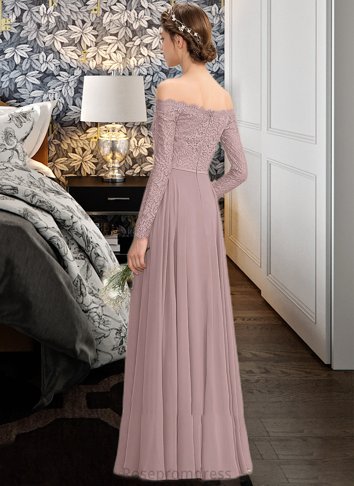 Maddison A-Line Off-the-Shoulder Floor-Length Chiffon Lace Bridesmaid Dress With Split Front SRSP0013131