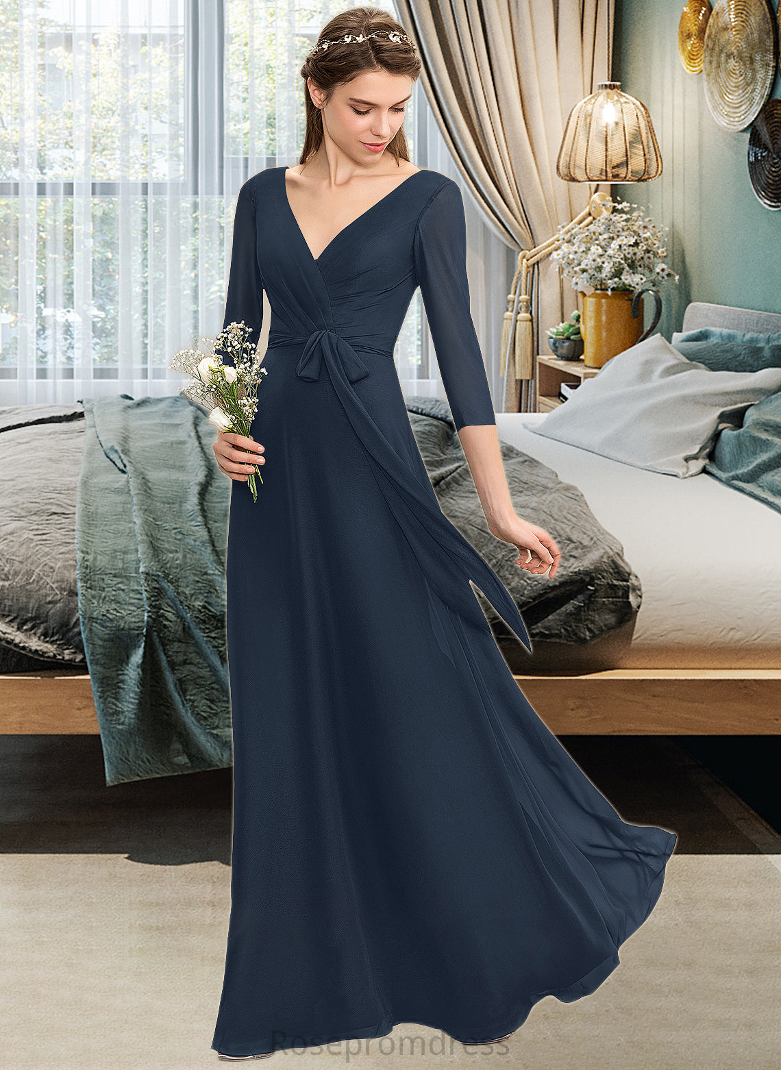 Hillary A-Line V-neck Floor-Length Chiffon Bridesmaid Dress With Ruffle Bow(s) SRSP0013132