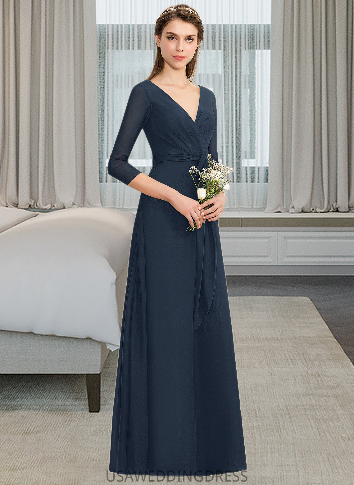 Carleigh A-Line V-neck Floor-Length Chiffon Bridesmaid Dress With Ruffle Bow(s) DSP0013132