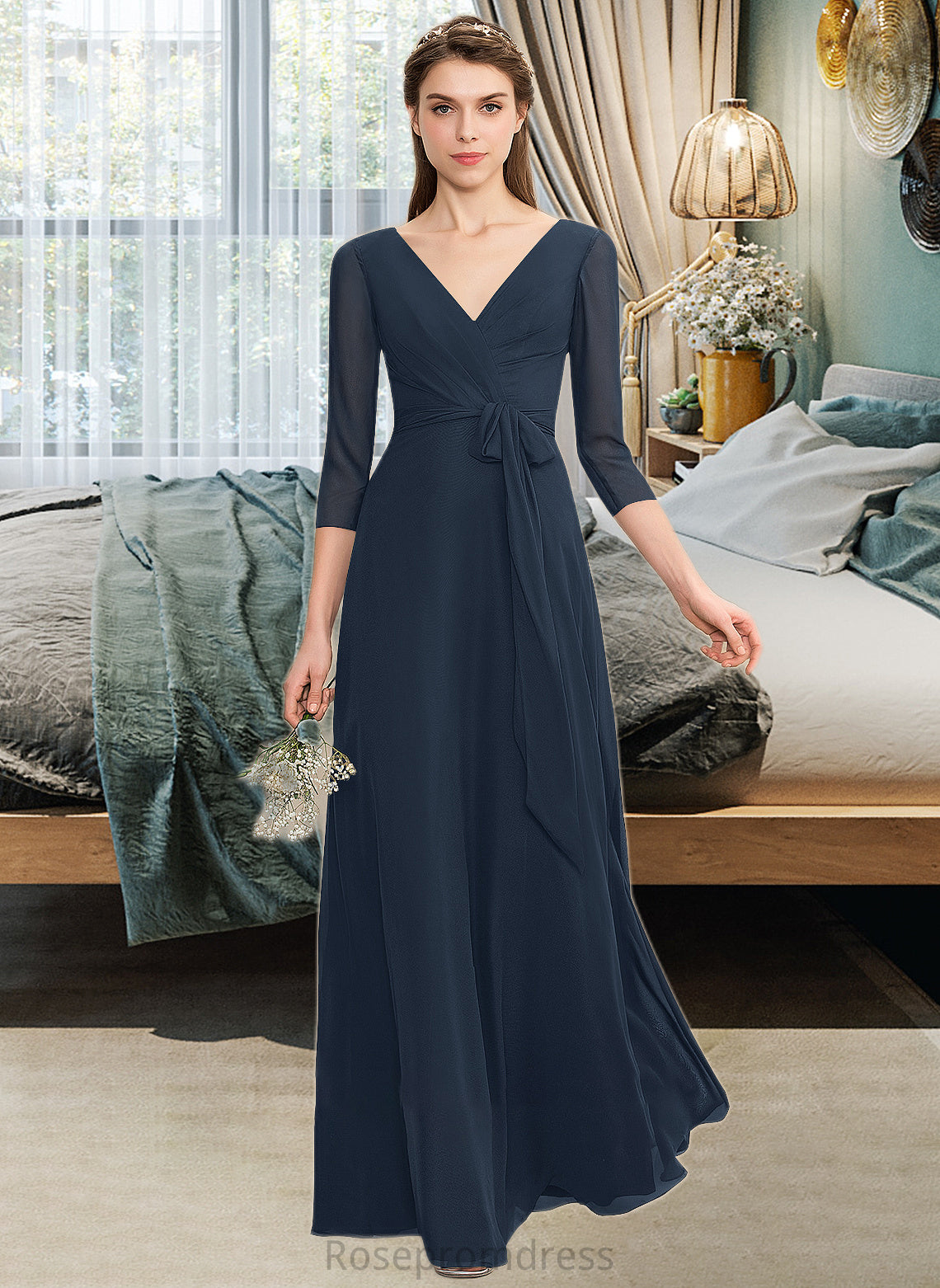Hillary A-Line V-neck Floor-Length Chiffon Bridesmaid Dress With Ruffle Bow(s) SRSP0013132