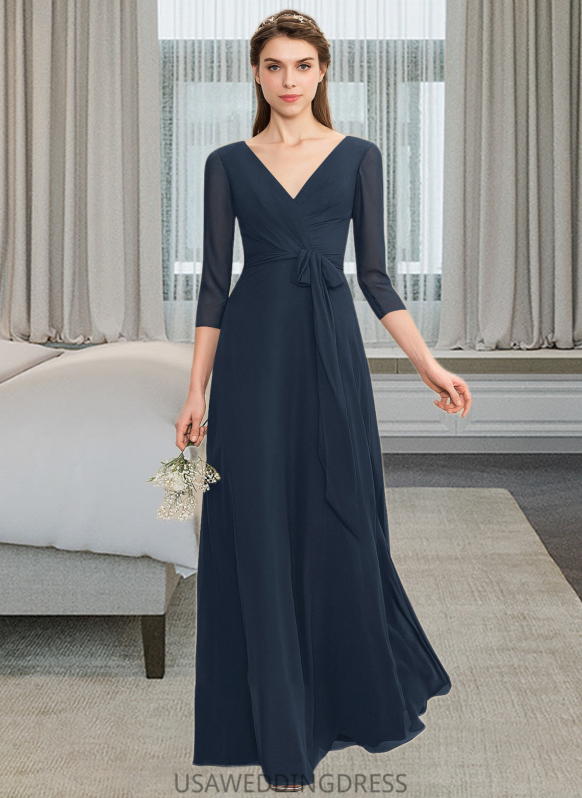 Carleigh A-Line V-neck Floor-Length Chiffon Bridesmaid Dress With Ruffle Bow(s) DSP0013132