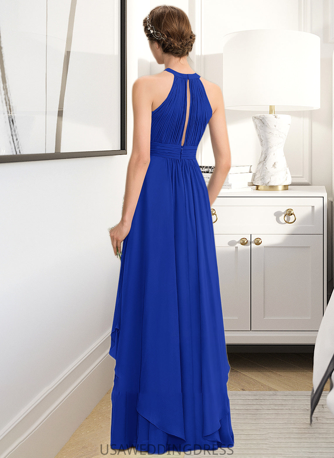 Millicent A-Line Scoop Neck Floor-Length Chiffon Bridesmaid Dress With Ruffle DSP0013133