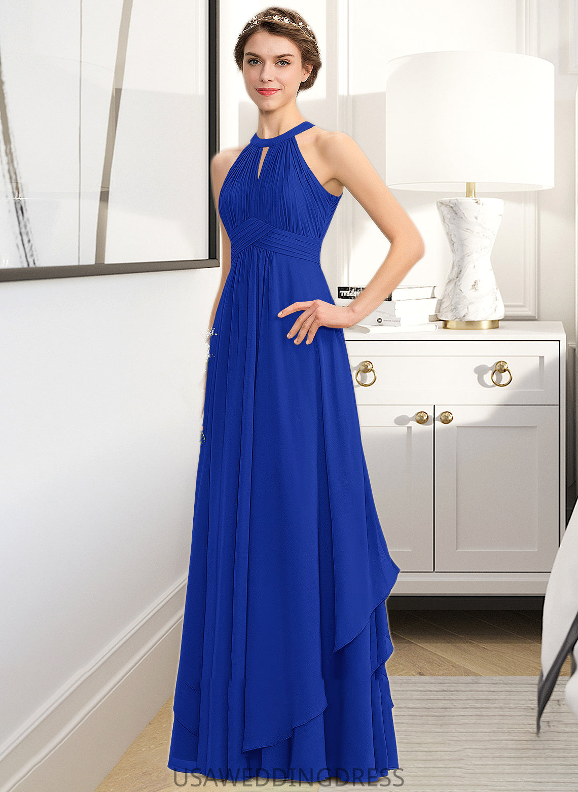 Millicent A-Line Scoop Neck Floor-Length Chiffon Bridesmaid Dress With Ruffle DSP0013133