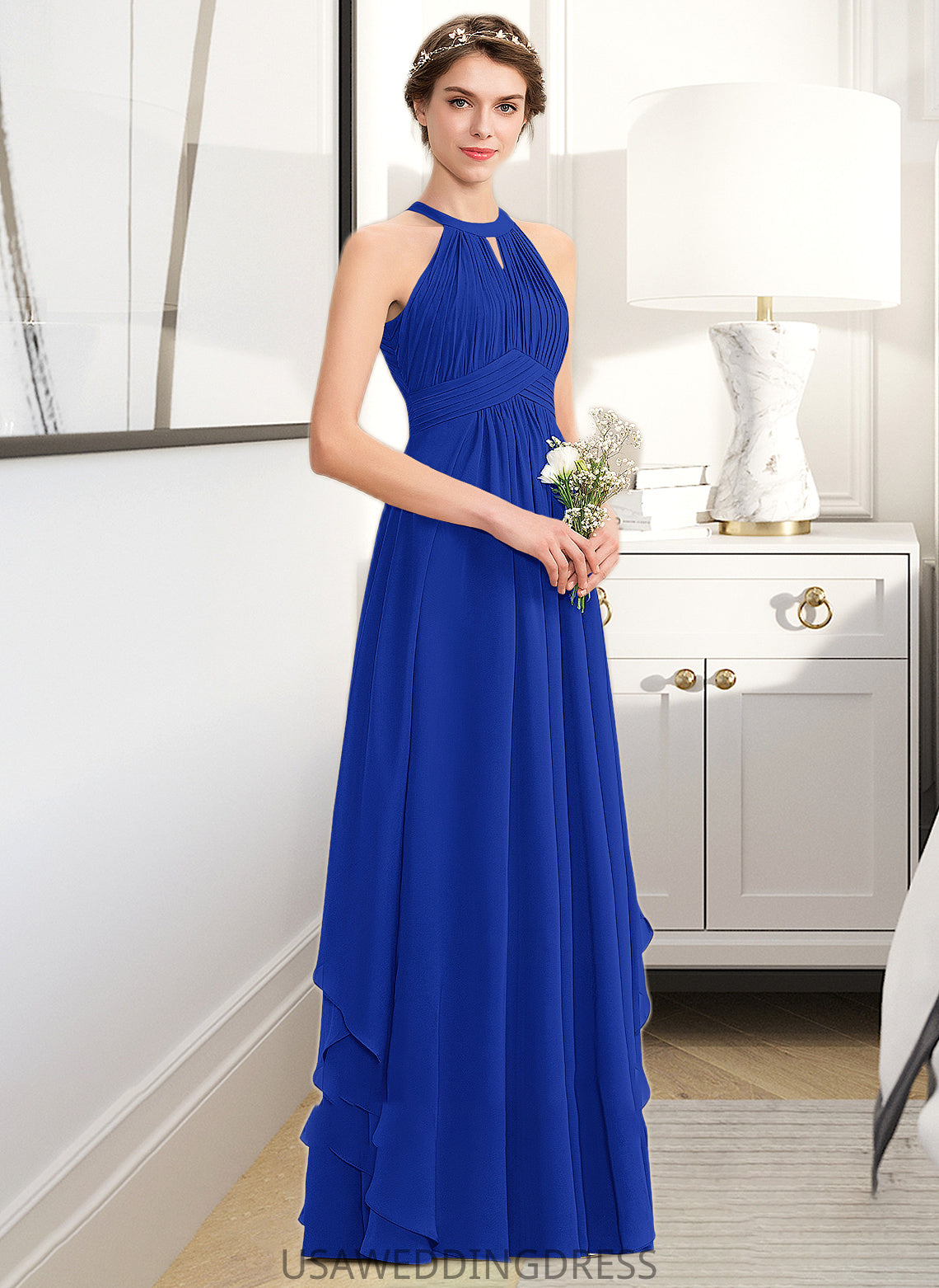 Millicent A-Line Scoop Neck Floor-Length Chiffon Bridesmaid Dress With Ruffle DSP0013133