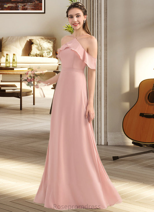 Parker A-Line V-neck Floor-Length Chiffon Bridesmaid Dress With Bow(s) Cascading Ruffles SRSP0013134
