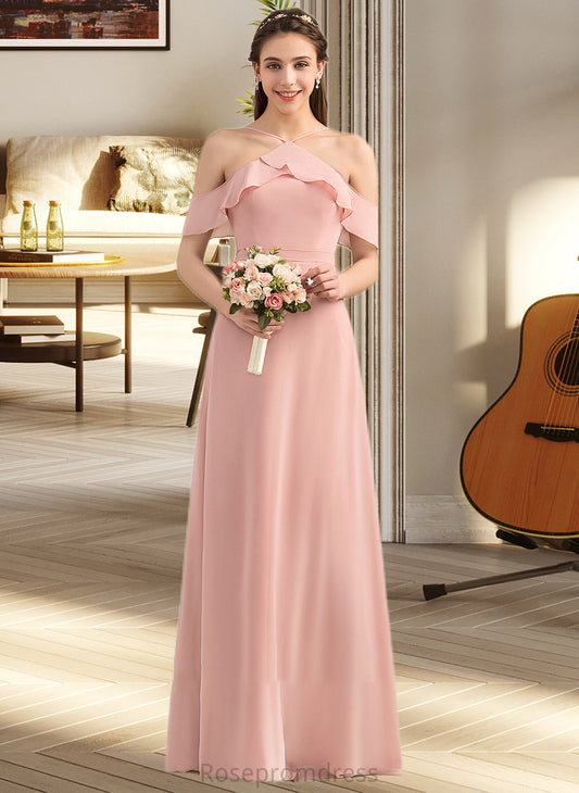 Parker A-Line V-neck Floor-Length Chiffon Bridesmaid Dress With Bow(s) Cascading Ruffles SRSP0013134