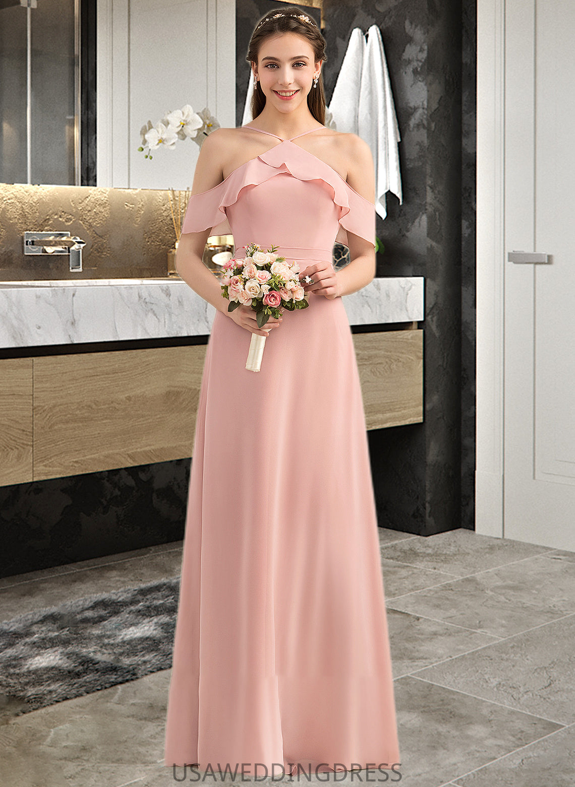 Summer A-Line V-neck Floor-Length Chiffon Bridesmaid Dress With Bow(s) Cascading Ruffles DSP0013134