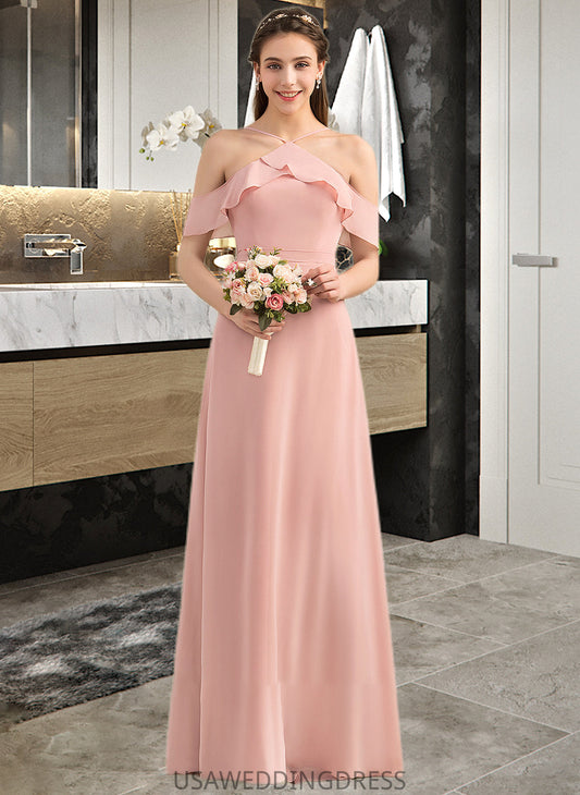 Summer A-Line V-neck Floor-Length Chiffon Bridesmaid Dress With Bow(s) Cascading Ruffles DSP0013134