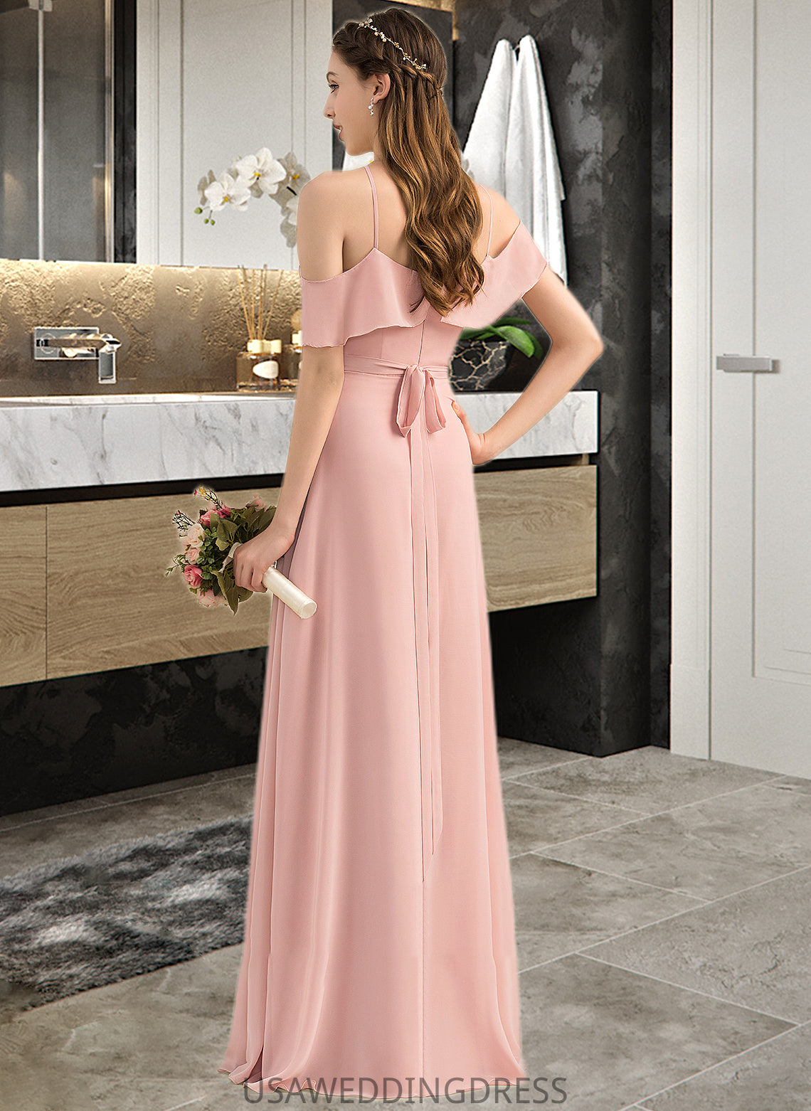 Summer A-Line V-neck Floor-Length Chiffon Bridesmaid Dress With Bow(s) Cascading Ruffles DSP0013134
