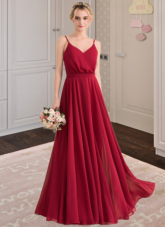 Skye A-Line V-neck Floor-Length Chiffon Bridesmaid Dress With Bow(s) SRSP0013135