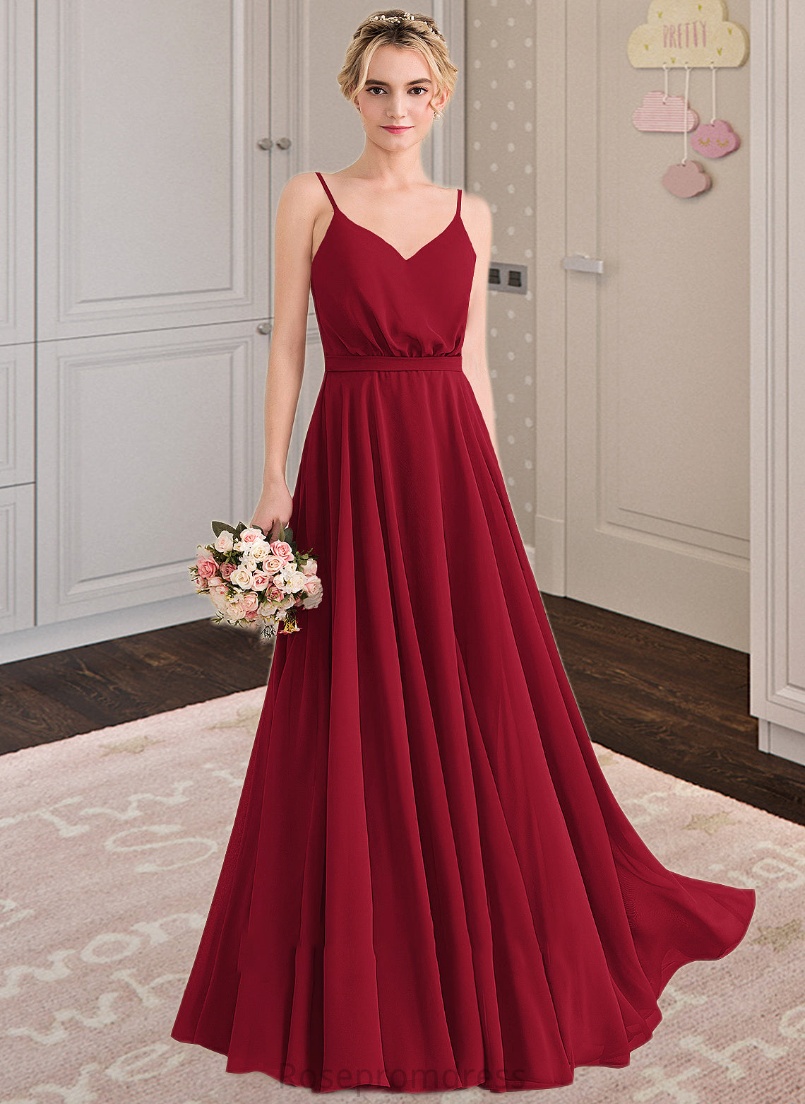 Skye A-Line V-neck Floor-Length Chiffon Bridesmaid Dress With Bow(s) SRSP0013135