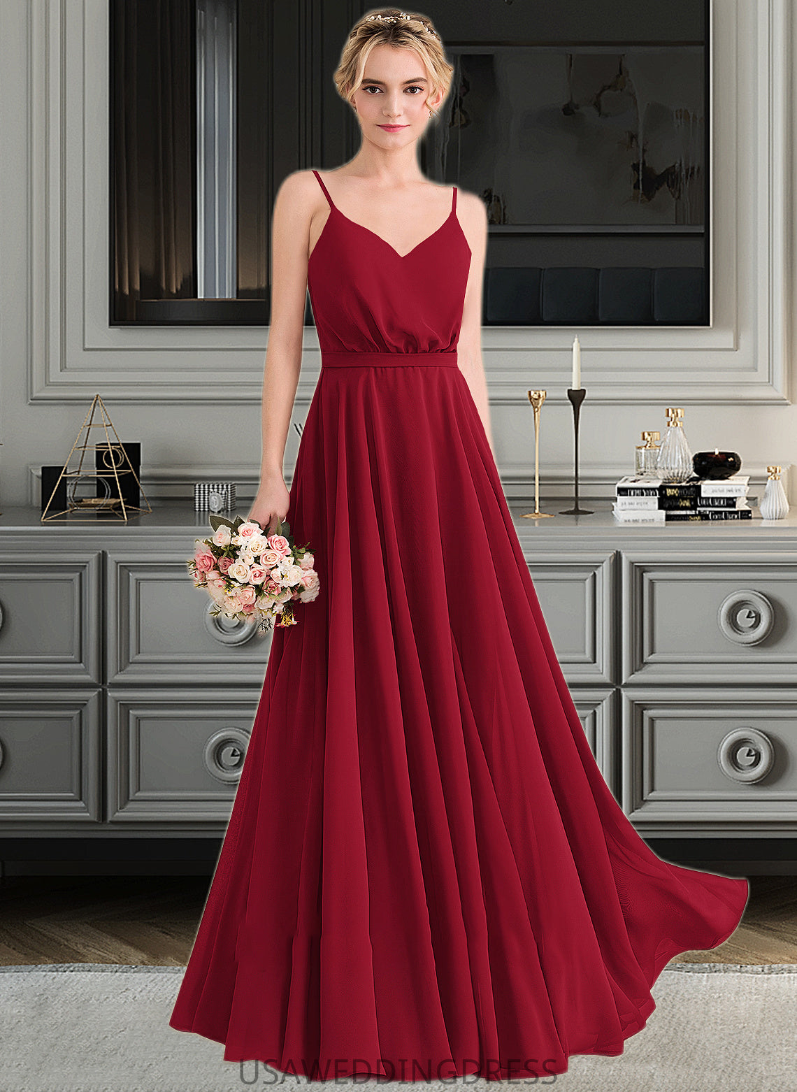 Lilly A-Line V-neck Floor-Length Chiffon Bridesmaid Dress With Bow(s) DSP0013135