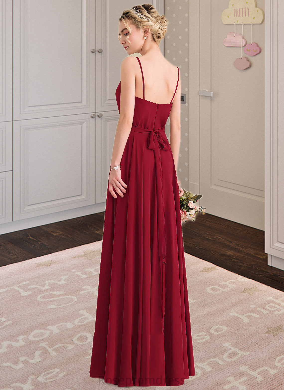 Skye A-Line V-neck Floor-Length Chiffon Bridesmaid Dress With Bow(s) SRSP0013135