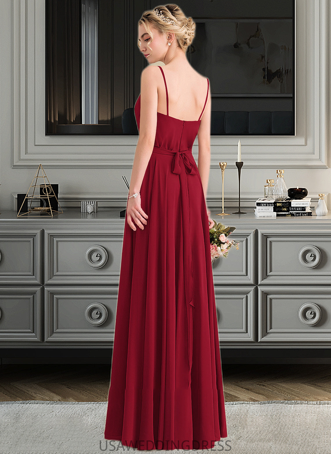 Lilly A-Line V-neck Floor-Length Chiffon Bridesmaid Dress With Bow(s) DSP0013135