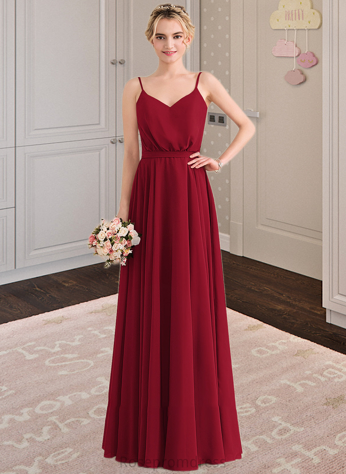 Skye A-Line V-neck Floor-Length Chiffon Bridesmaid Dress With Bow(s) SRSP0013135