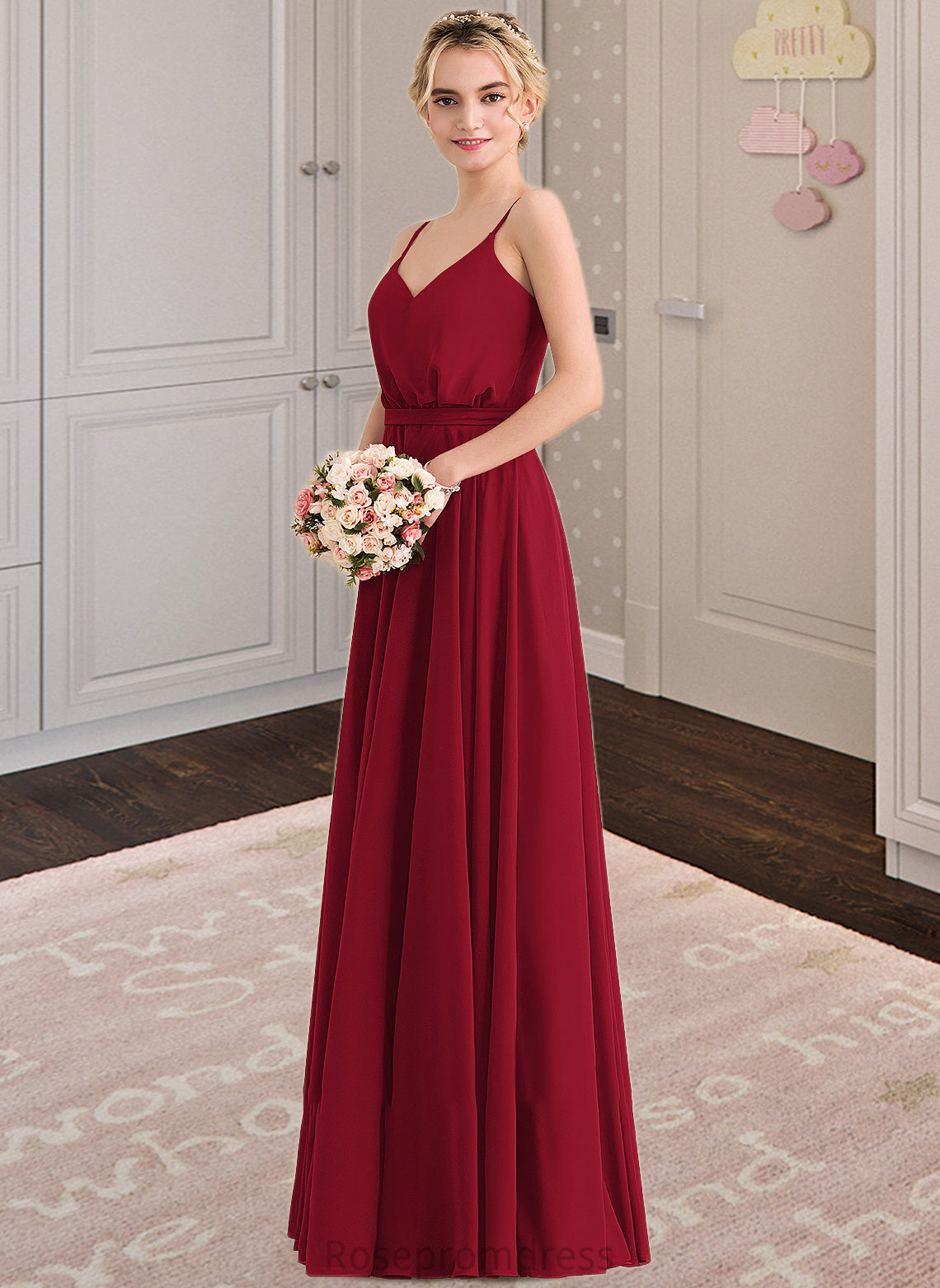 Skye A-Line V-neck Floor-Length Chiffon Bridesmaid Dress With Bow(s) SRSP0013135