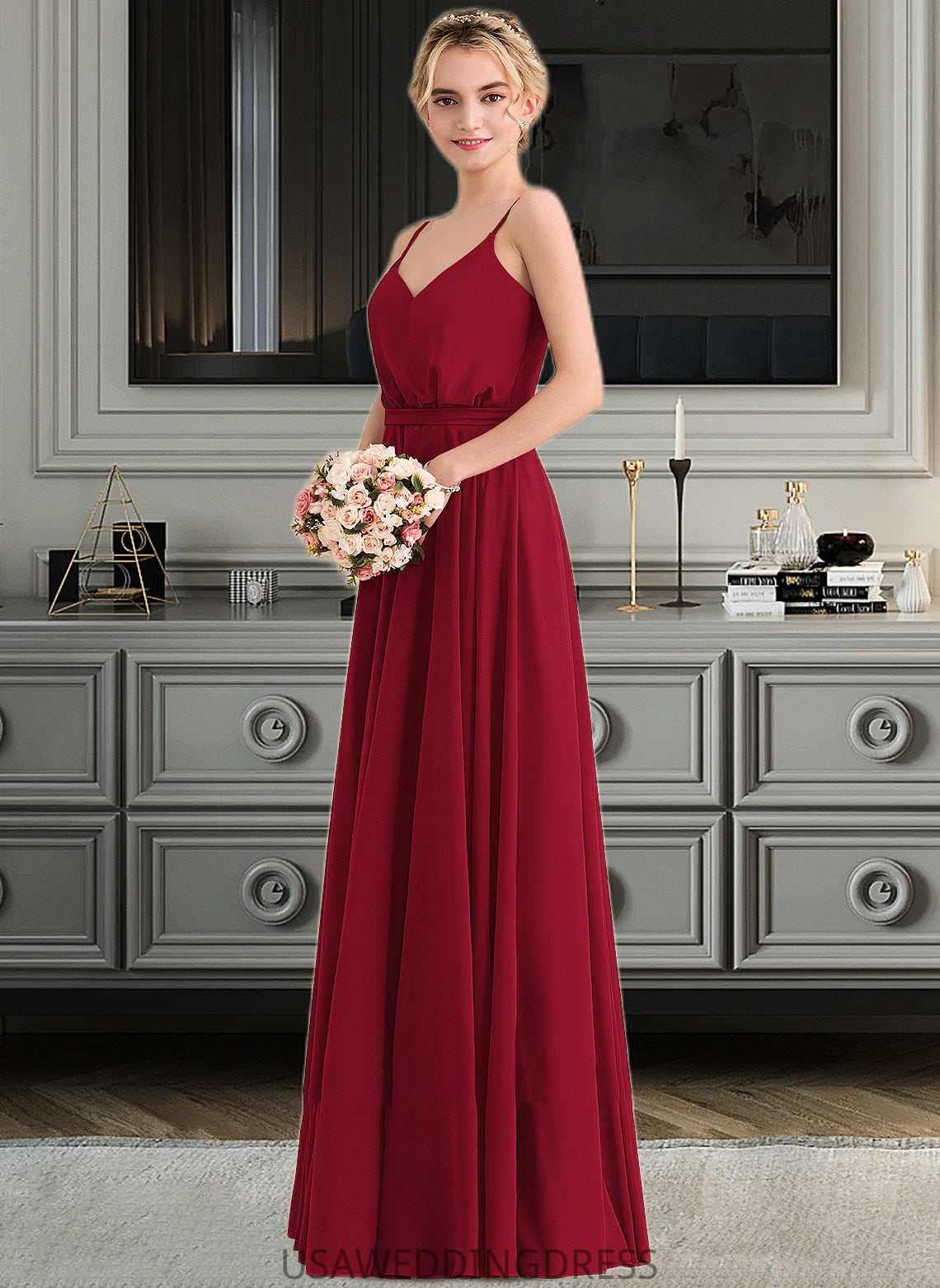 Lilly A-Line V-neck Floor-Length Chiffon Bridesmaid Dress With Bow(s) DSP0013135