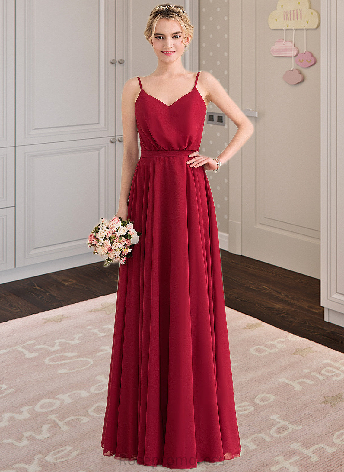 Skye A-Line V-neck Floor-Length Chiffon Bridesmaid Dress With Bow(s) SRSP0013135
