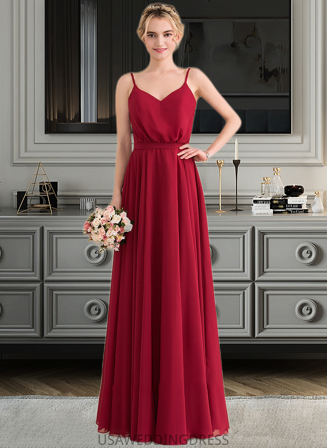 Lilly A-Line V-neck Floor-Length Chiffon Bridesmaid Dress With Bow(s) DSP0013135