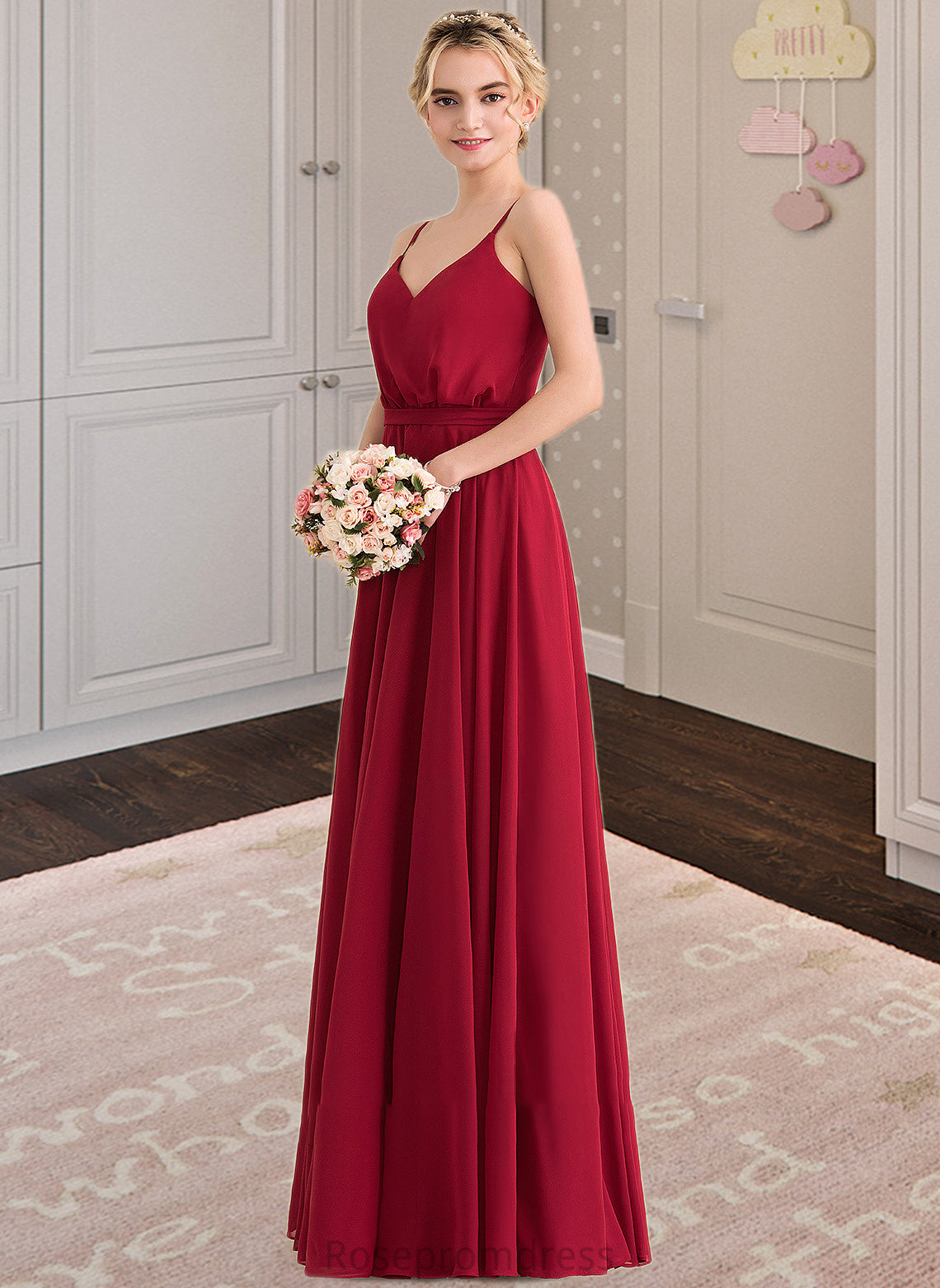 Skye A-Line V-neck Floor-Length Chiffon Bridesmaid Dress With Bow(s) SRSP0013135