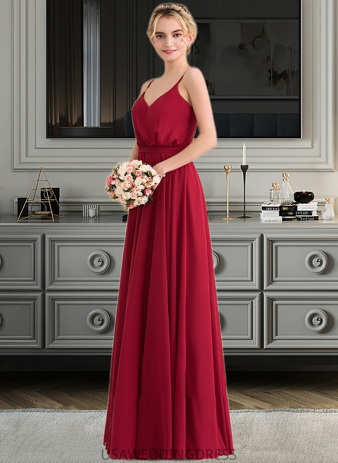 Lilly A-Line V-neck Floor-Length Chiffon Bridesmaid Dress With Bow(s) DSP0013135
