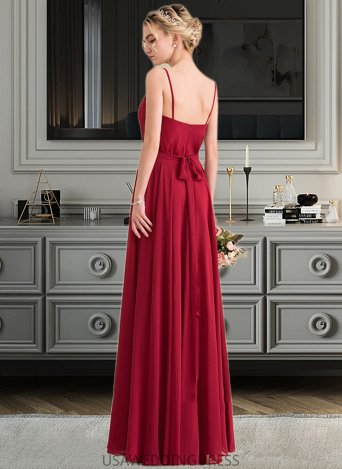 Lilly A-Line V-neck Floor-Length Chiffon Bridesmaid Dress With Bow(s) DSP0013135