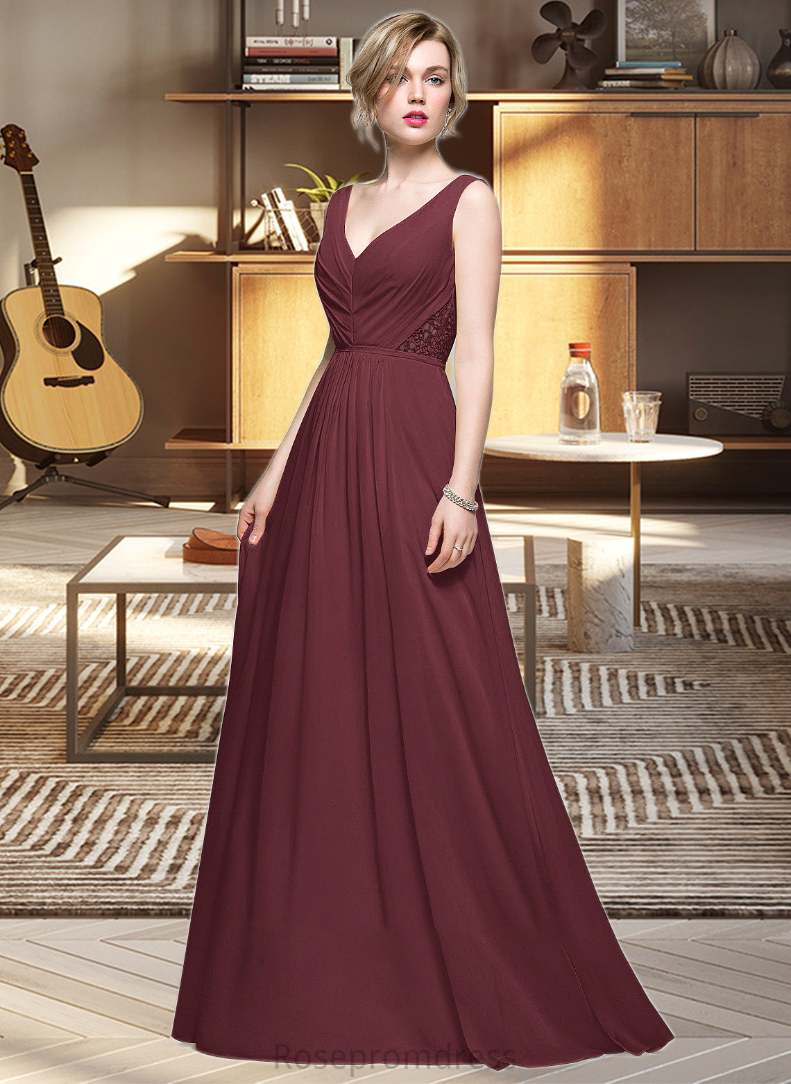 Marin A-Line V-neck Floor-Length Chiffon Bridesmaid Dress With Ruffle Lace Beading Sequins SRSP0013136