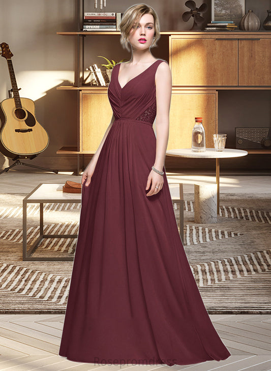 Marin A-Line V-neck Floor-Length Chiffon Bridesmaid Dress With Ruffle Lace Beading Sequins SRSP0013136