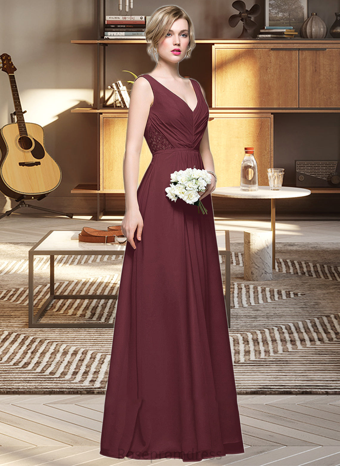 Marin A-Line V-neck Floor-Length Chiffon Bridesmaid Dress With Ruffle Lace Beading Sequins SRSP0013136