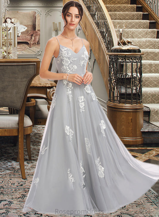 Lori A-Line V-neck Floor-Length Bridesmaid Dress With Lace SRSP0013140