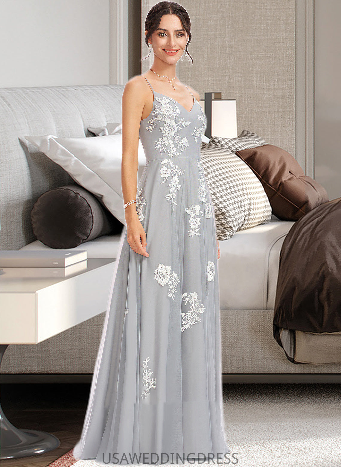 Daphne A-Line V-neck Floor-Length Bridesmaid Dress With Lace DSP0013140