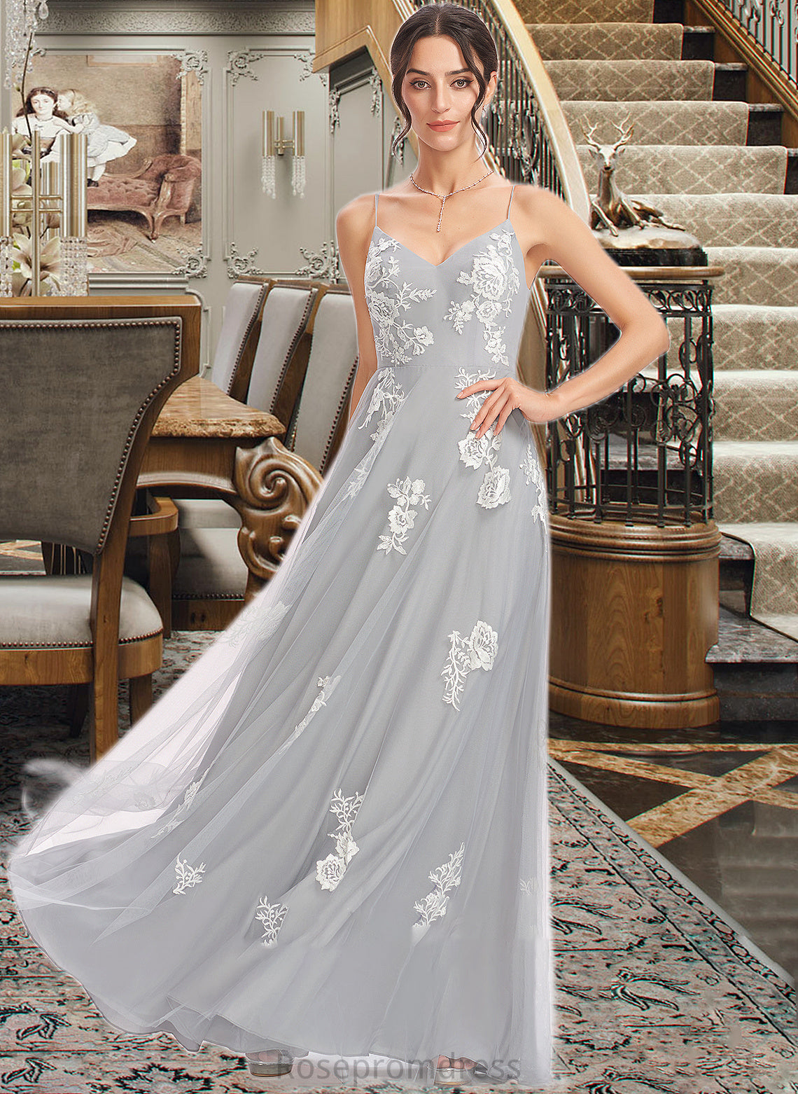 Lori A-Line V-neck Floor-Length Bridesmaid Dress With Lace SRSP0013140