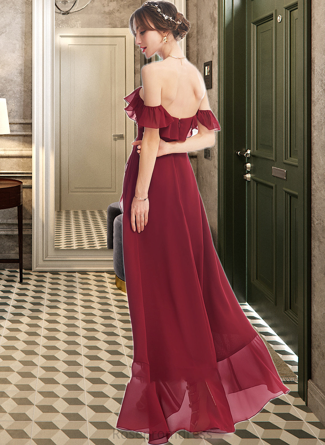 Hanna A-Line Off-the-Shoulder Asymmetrical Bridesmaid Dress With Ruffle Split Front SRSP0013141