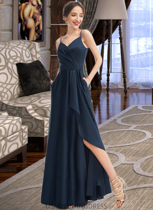 Kennedi A-Line V-neck Floor-Length Bridesmaid Dress With Split Front Pockets DSP0013142