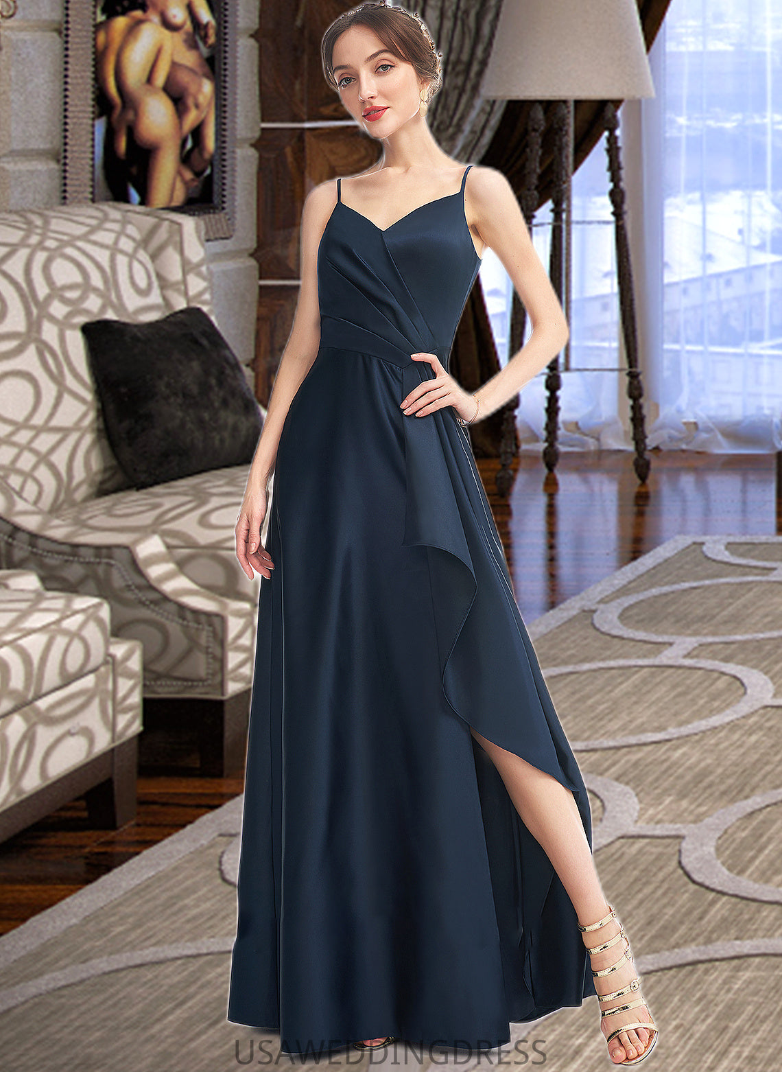 Kennedi A-Line V-neck Floor-Length Bridesmaid Dress With Split Front Pockets DSP0013142